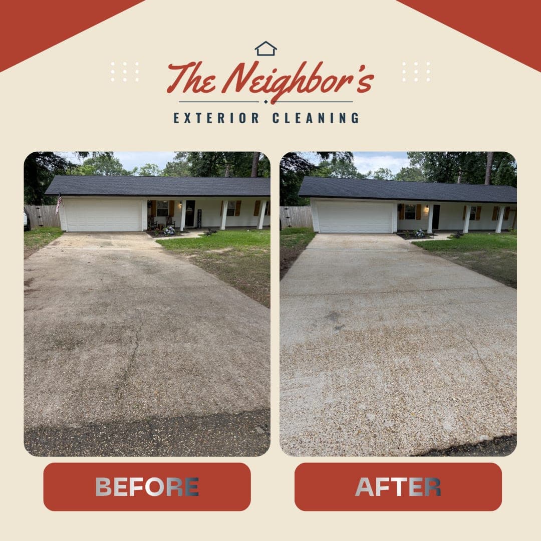 Before and after: a stained concrete driveway washed to an even, bright finish