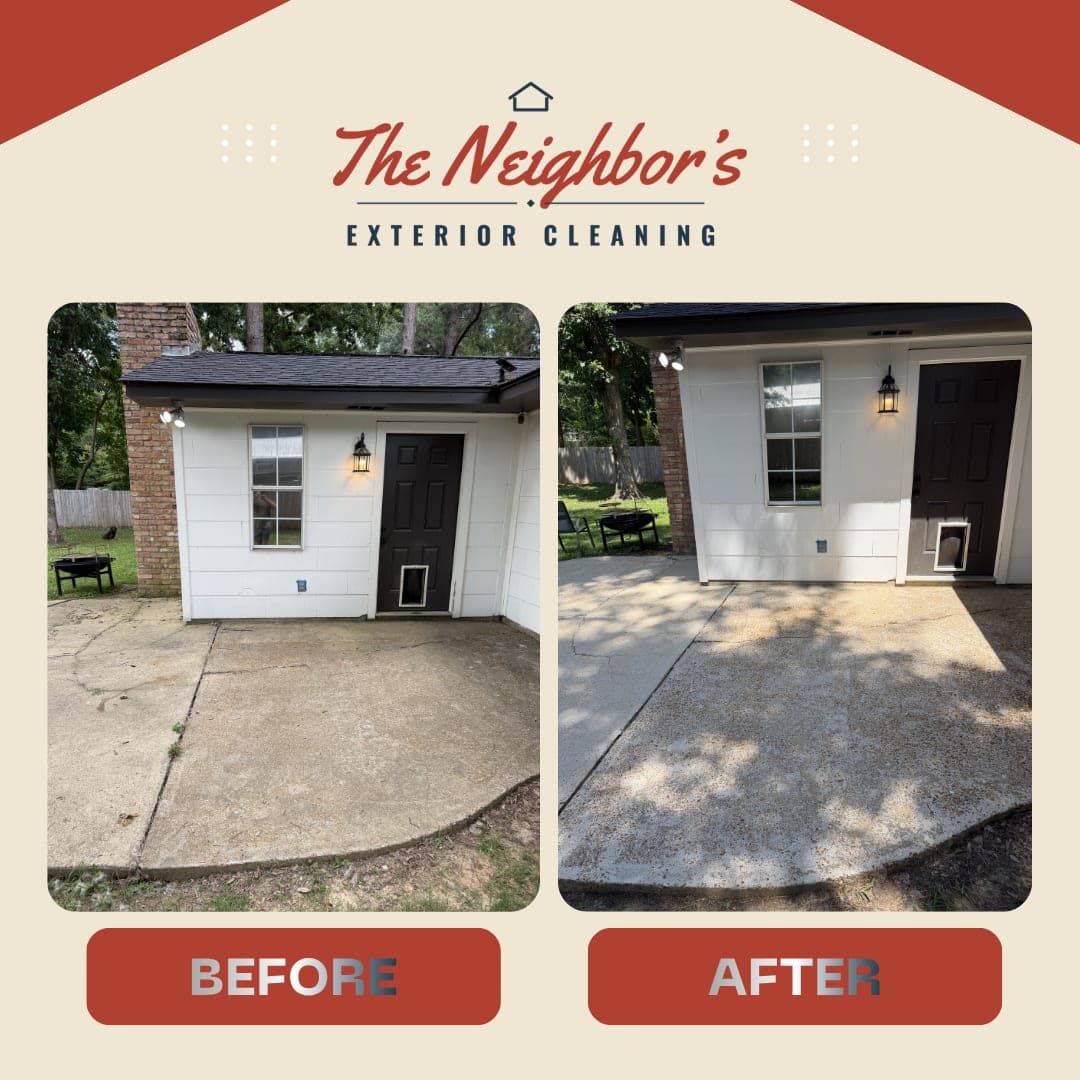 Before and after: a concrete driveway and garage apron cleaned of dirt and growth