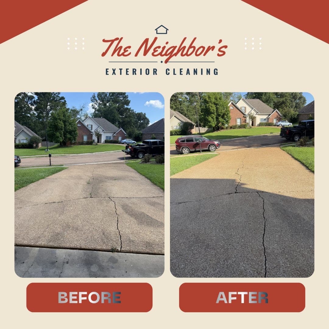 Before and after: a darkened concrete driveway restored to a clean, light finish