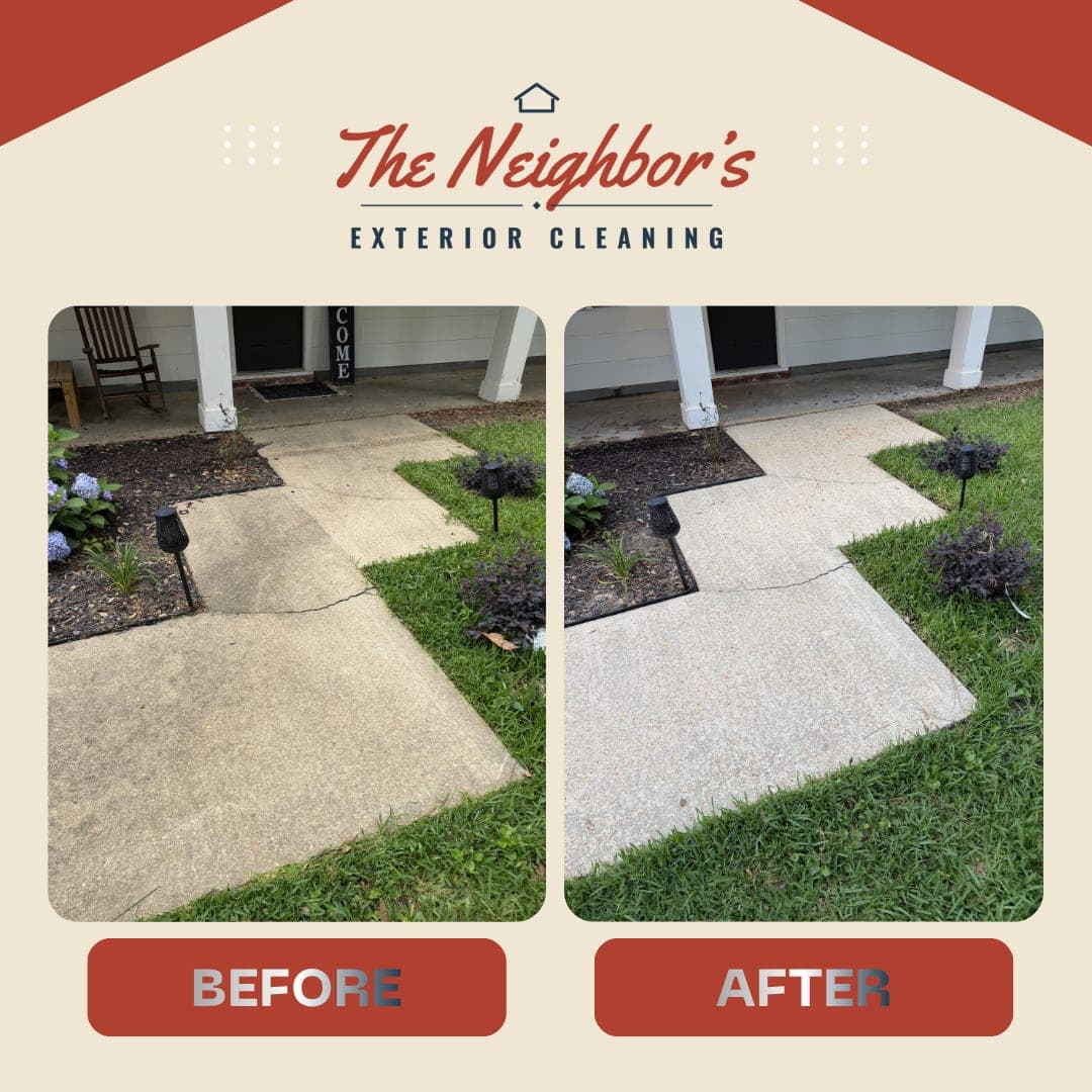 Before and after: a front walkway cleaned of dirt and algae