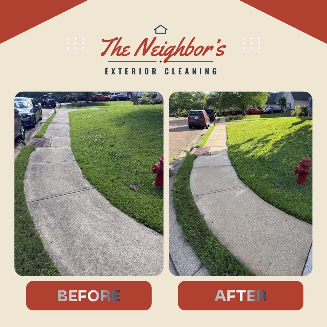 Before and after: a long curving sidewalk washed clean