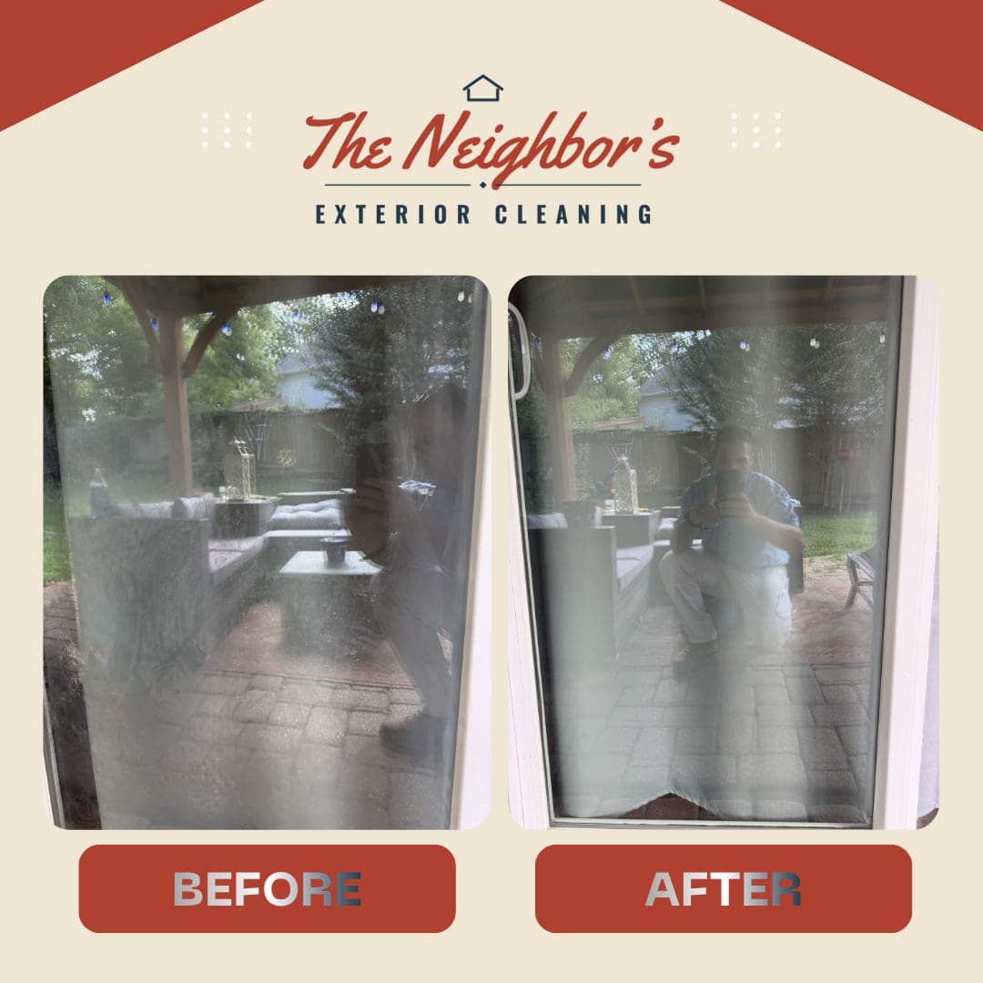 Before and after: a hazy, water-spotted sliding glass patio door cleaned to clear, streak-free glass